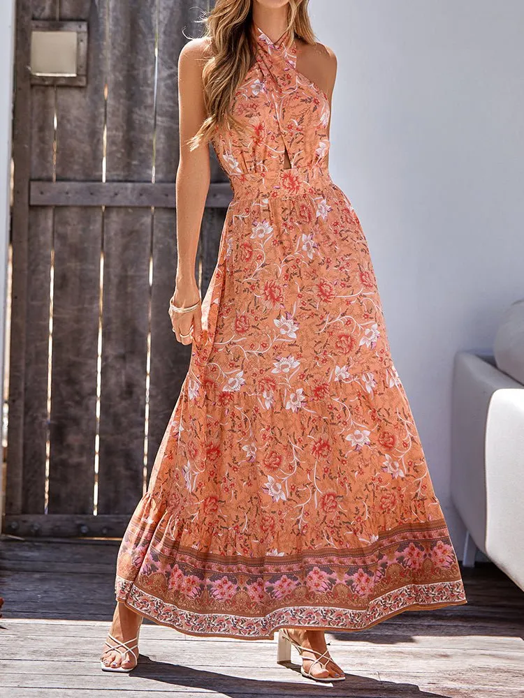 Bohemia Style Printed Casual Halter Maxi Dress