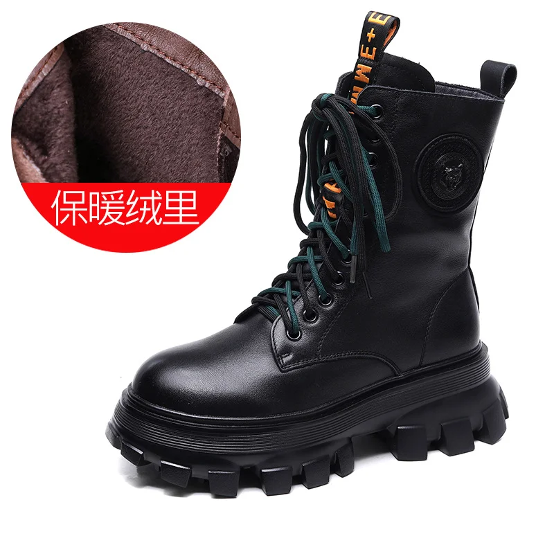 Yyvonne Layer Of Cowhide Martin Boots Autumn And Winter Plus Velvet Warm New Pine Cake Bottom Zipper Locomotive Boots