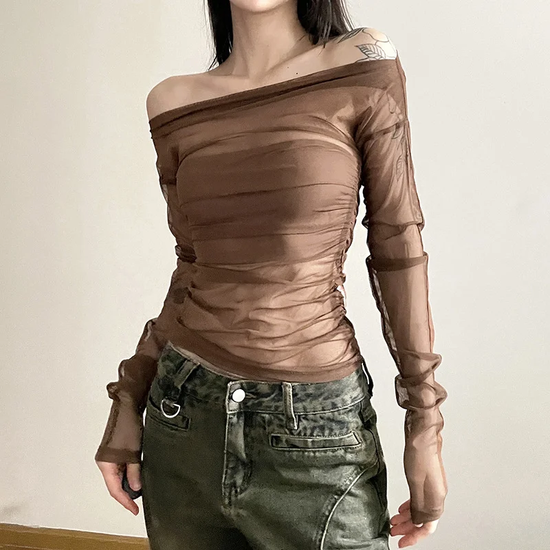 Uveng 2023 Autumn New Women's Clothing Solid Color Repair Street Fashion Word Reveals Back Long-Sleeved T-Shirt