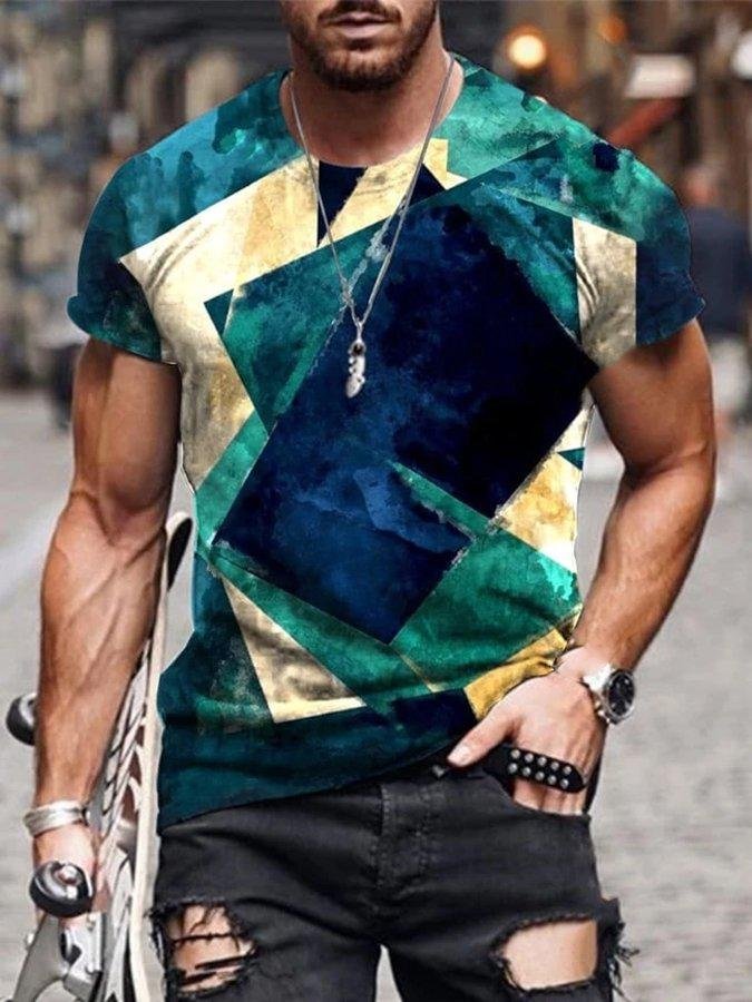 Mens Fashion Geometric Green Beige Colour Art Print Short Sleeve Crew Neck T-Shirt