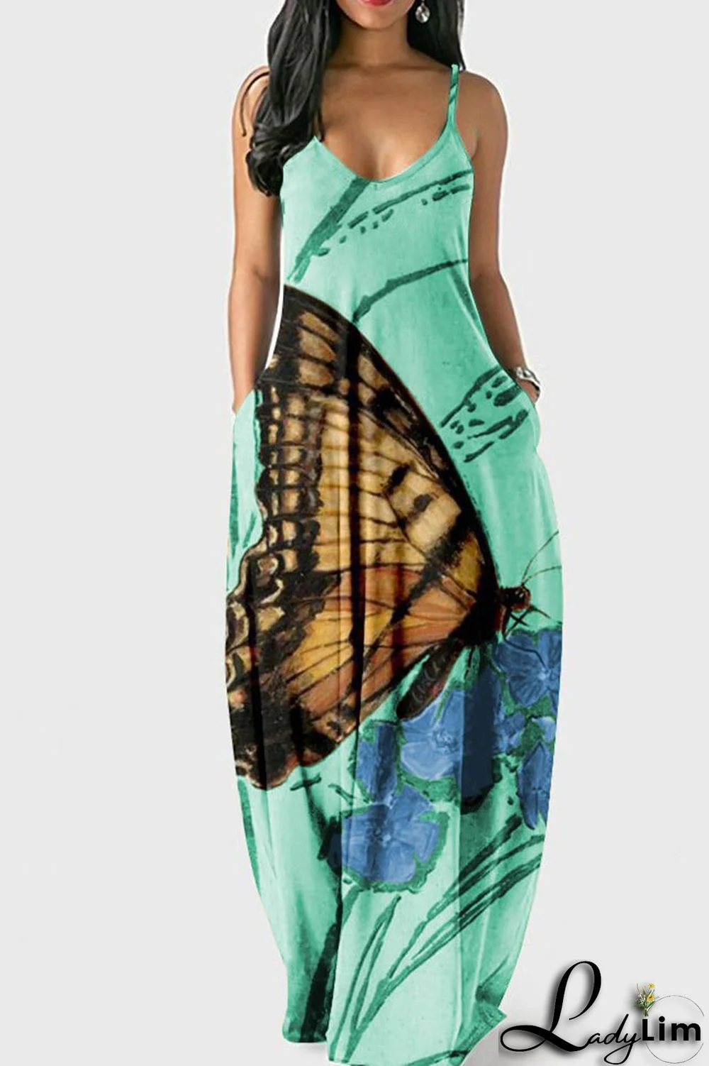 Green Casual Print Patchwork Spaghetti Strap Dresses