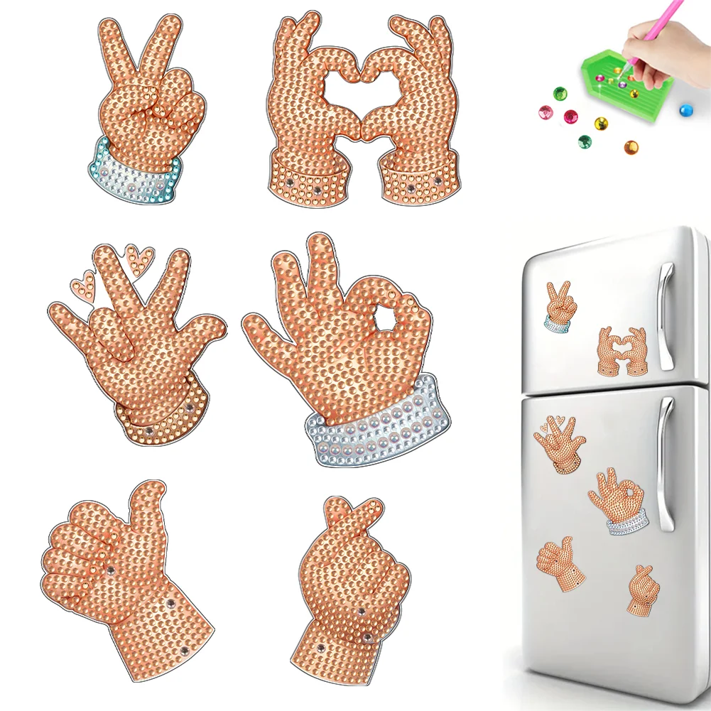 6Pcs DIY Hand Gestures Acrylic Special Shape Diamond Painting Fridge Magnet