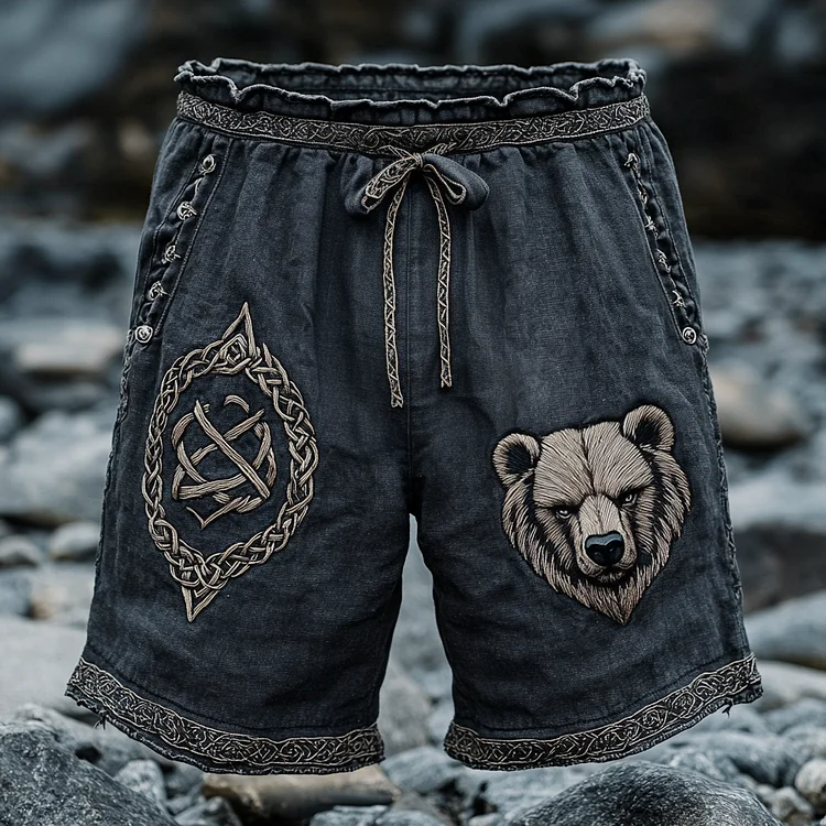 Vintage Nordic Viking Mythology Celtic Knot Bear Head Shorts