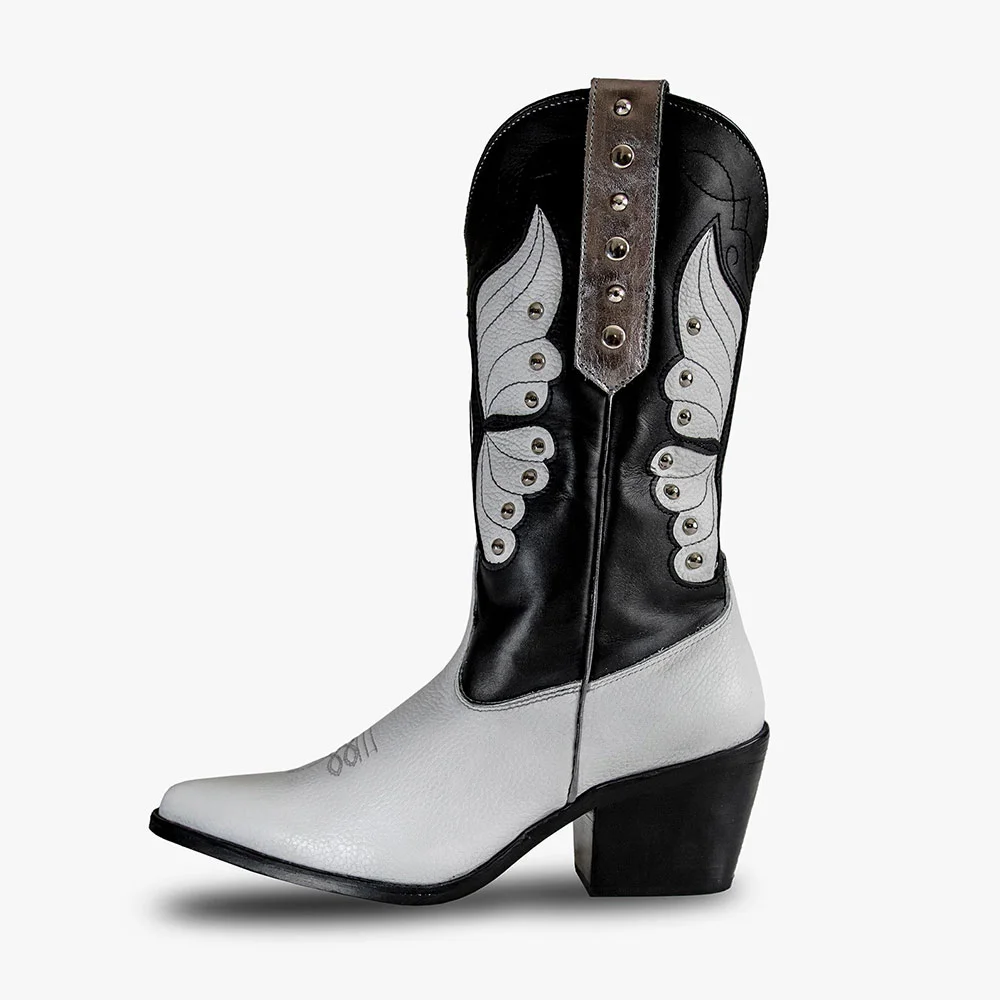 Black & White Pointed Toe Chunky Heel Studded Western Boots for Women