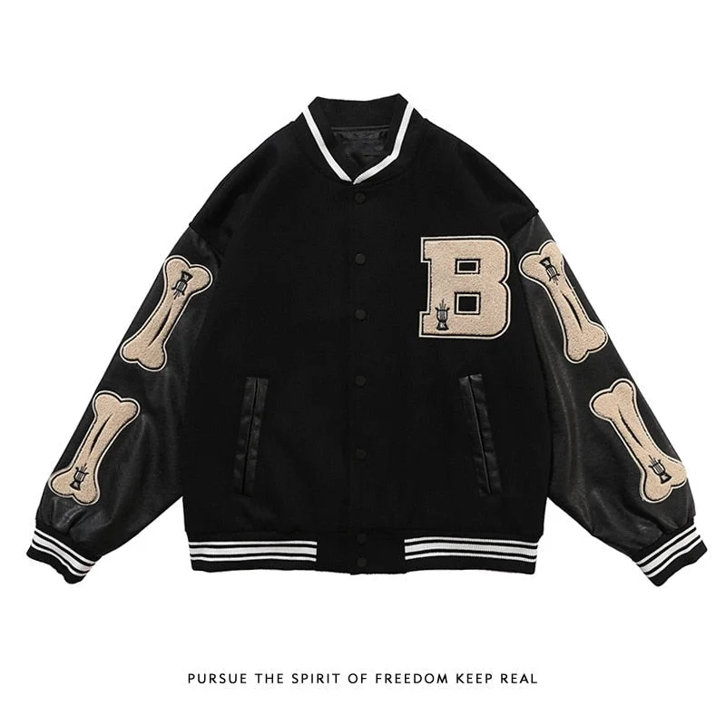 Hip Hop Casual Flocking Embroidery Baseball Uniform Jacket Women Male Coat Loose PU Leather Stitching Jacket 2021 Autumn Winter 221-1