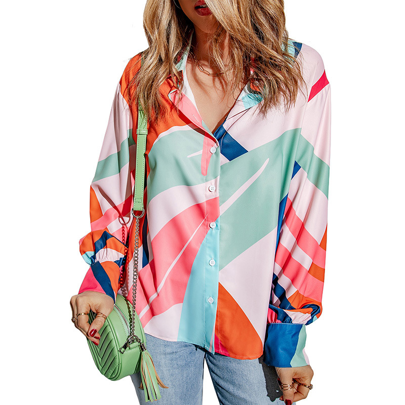 Mature Women Printing Color Contrast Thin Shirt Blouse Top