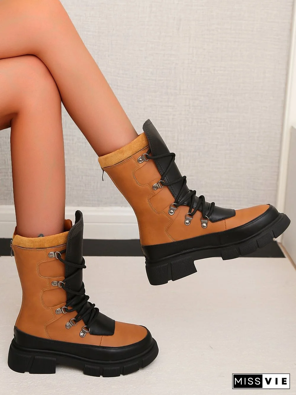 Vintage Contrast Lace-Up Tall Chunky Heel Outdoor Boots