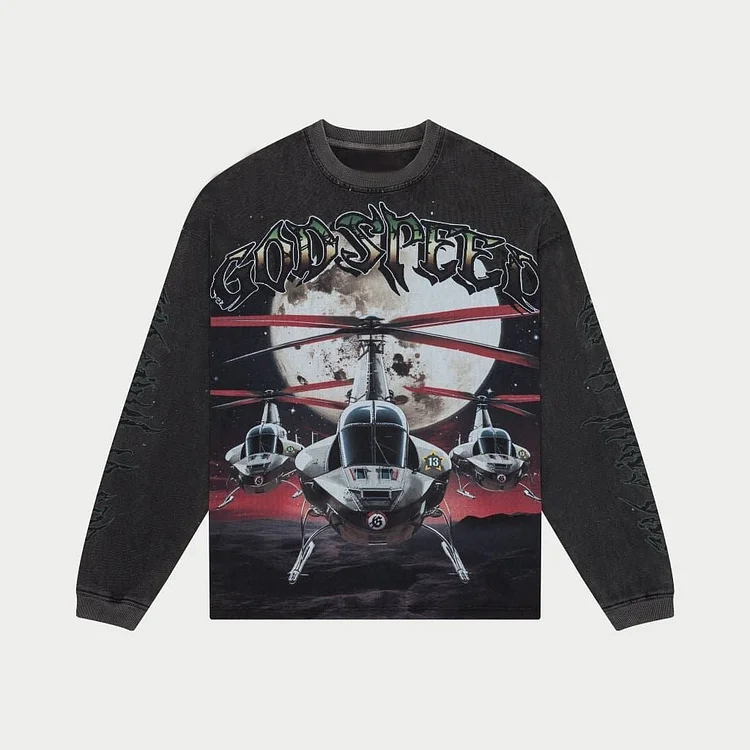 Vintage Helicopter Design Pattern Long Sleeve T-shirt