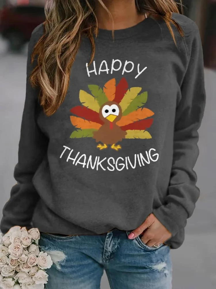 VChics Happy Thanksgiving Turkey Print Solid Sweatshirt