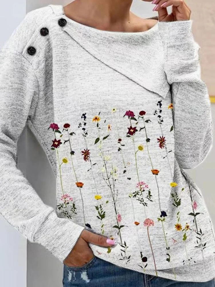 Women Long Sleeve Scoop Neck Floral Printed Sweater Top