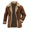 Men's Vintage Suede Shearling Zipper Pocket Fleece Wool Fur Reverse Collar Mid-Length Coat Jacket by Inlyline