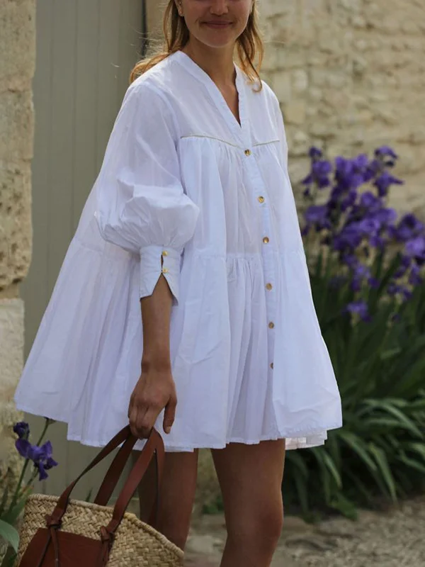Buttoned Pleated Solid Color A-Line Long Sleeves V-Neck Shirt Dress Mini Dresses
