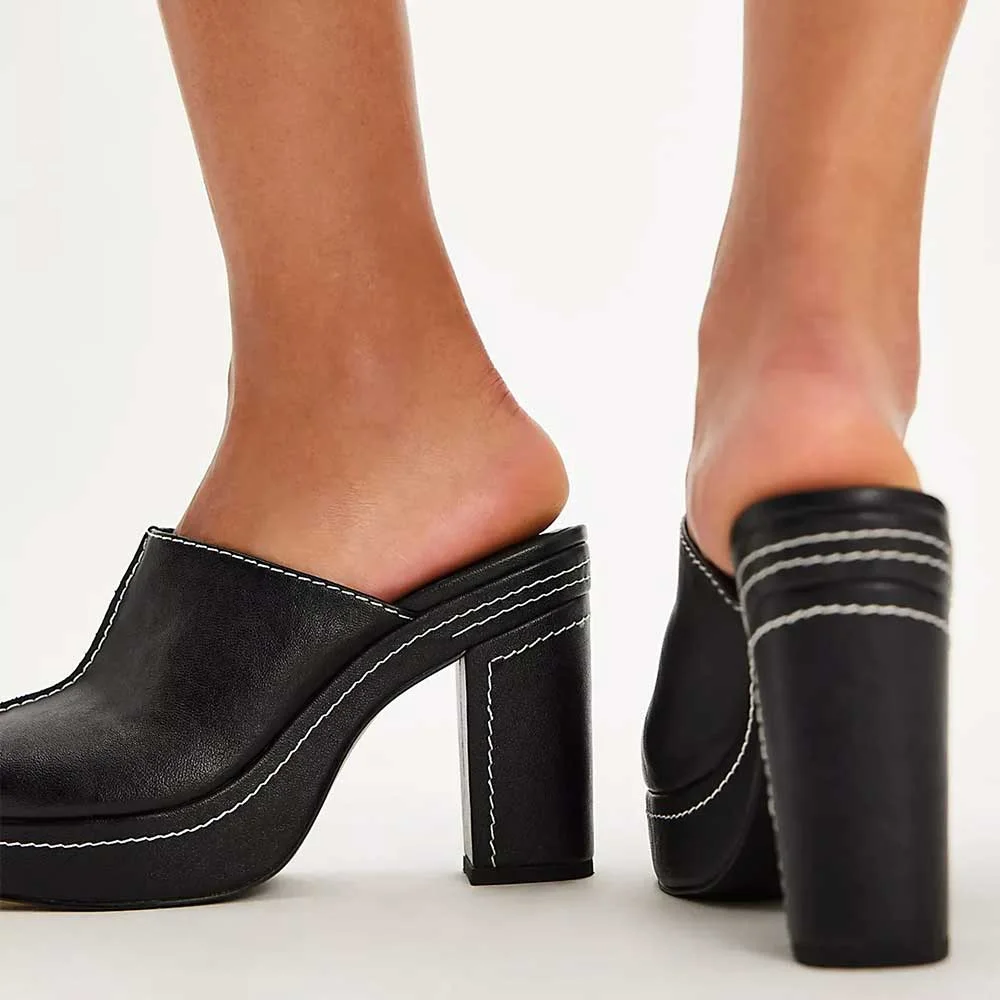 Black Round Toe Platform Slip On Heeled Mules with Stitching