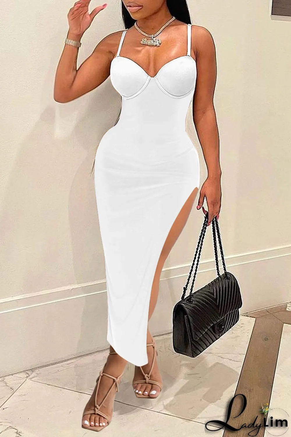 Black Sexy Solid Split Joint Slit Spaghetti Strap Sling Dress Dresses
