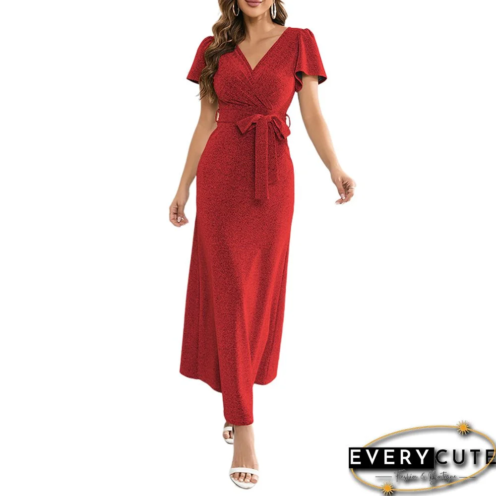 Red Cross Open Back V Neck Maxi Dress With Belt