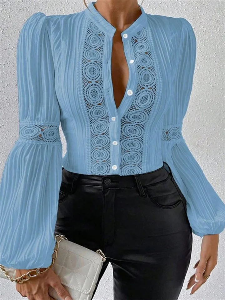 Spring Women's New Fashion Lace Lantern Long-sleeved Solid-color Stand-up Collar Shirts-JRSEE