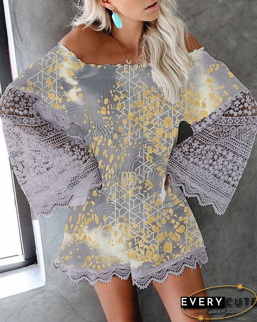 Long-Sleeve Off-Shoulder Printed Lace Loose Mini Dress S-5XL
