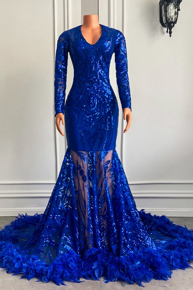 Bellasprom Royal Blue Long Sleeves Prom Dress Mermaid Sequins With Feather Bellasprom