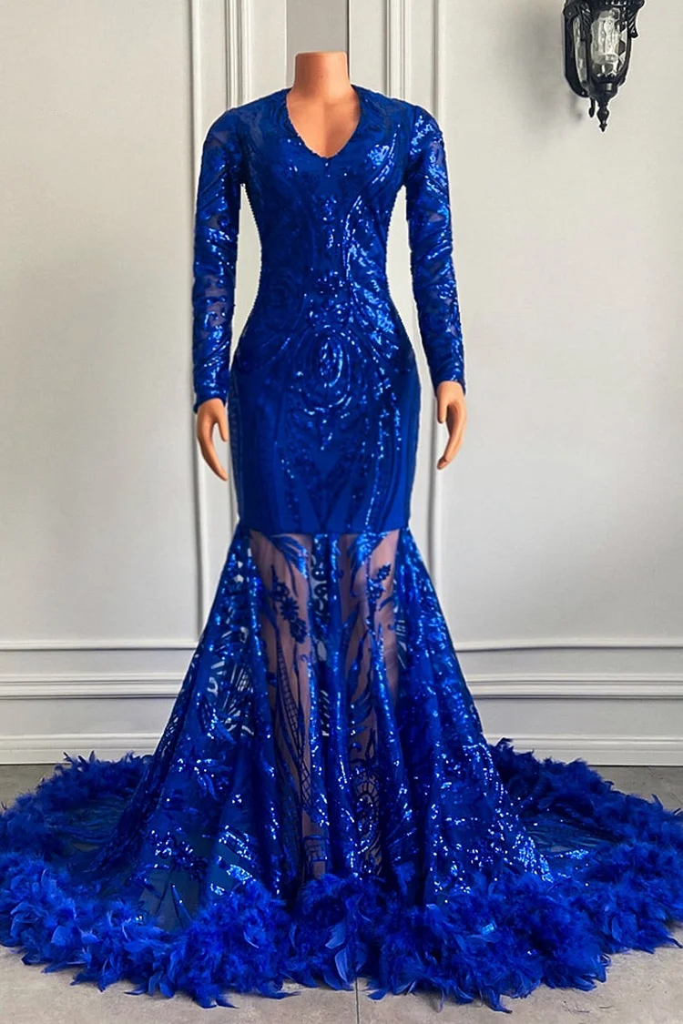 Royal Blue Floral Mermaid Long Sleeves Evening Dress With Beadings | Hellodresses
