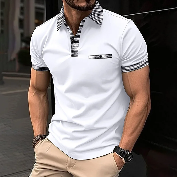 Men's Casual Houndstooth Pattern Buttons Short Sleeve Polo Shirt