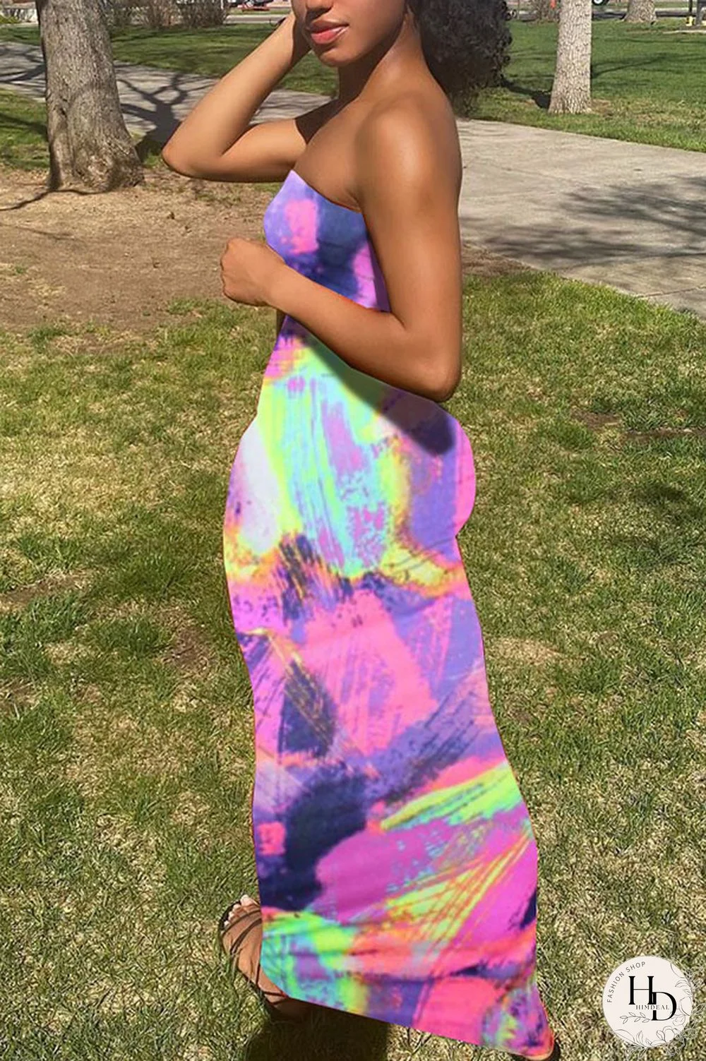 rose red Sexy Print Tie-dye Backless Strapless Pencil Skirt Dresses