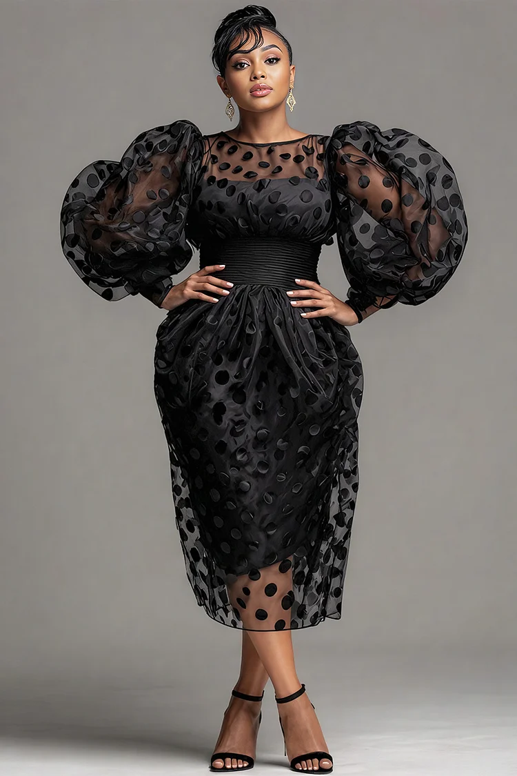 Xpluswear Design Plus Size Valentines Black Polka Dot Round Neck Puff Sleeve Long Sleeve See Through Elegant Tulle Midi Dresses 2024 - Xpluswear