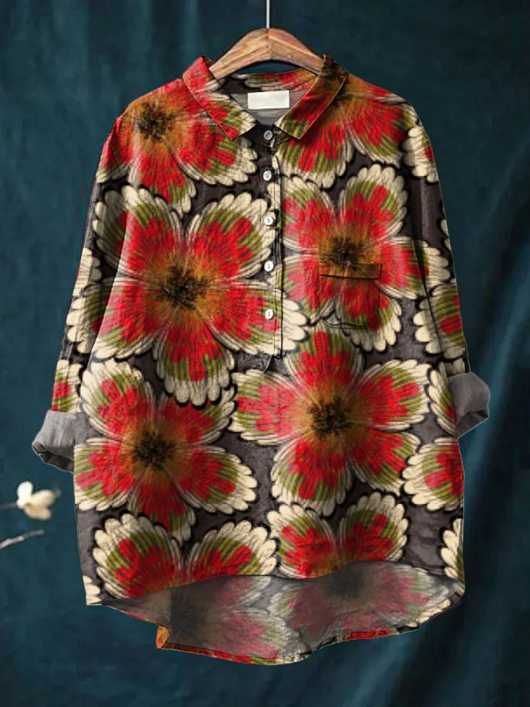 Vintage Lovely Floral Art Print Casual Cotton And Linen Shirt