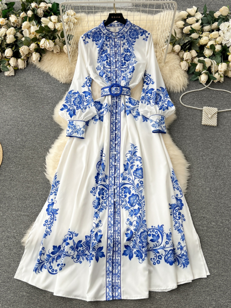 Gamezelite Women French Retro Elegant Printed Dress Court Style Single Breasted Long Sleeve Blue Long Dresses Ladies Party Long Robe