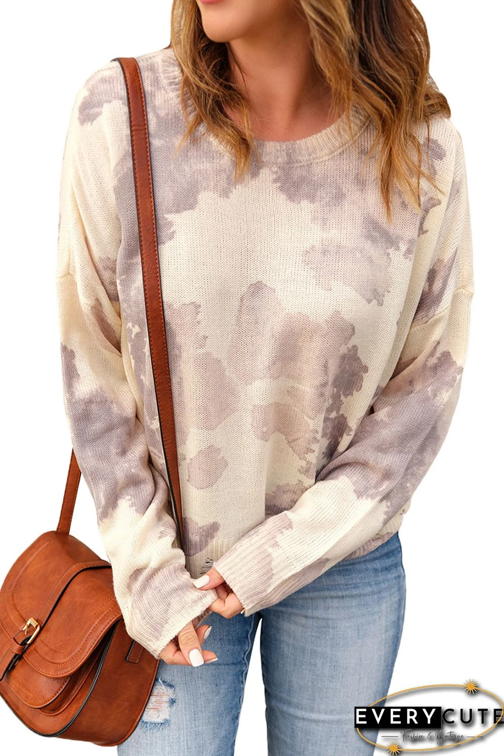 Beige Stain Washed Tie Dye Sweater