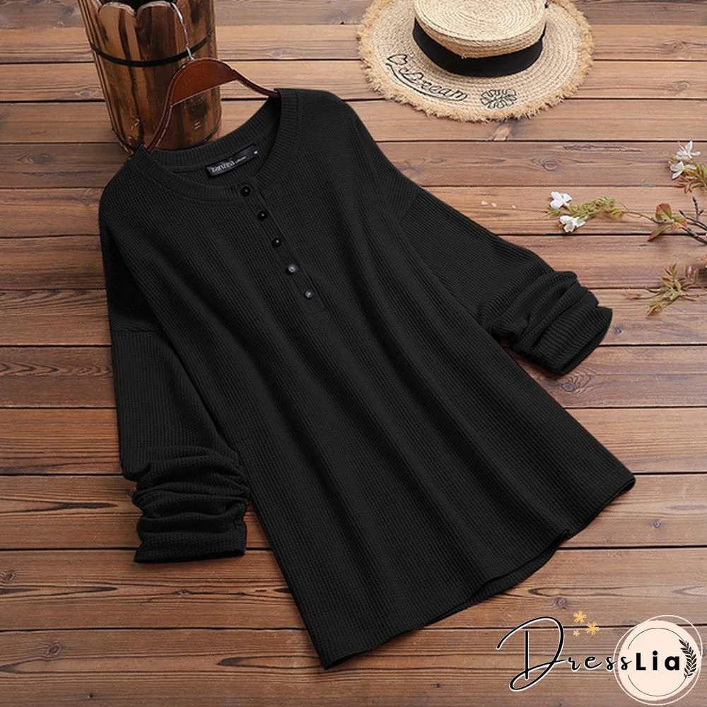 ZANZEA Women Long Sleeve Henley Waffle Top Spring Autumn Casual Slim Blouse
