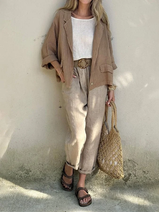 Women's Casual Solid Color Lapel Shirt and Pants Two-Piece Set (Without Belt)