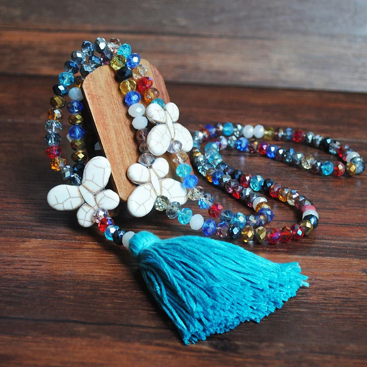 Crystal Turquoise Bow Tassel Necklace VangoghDress