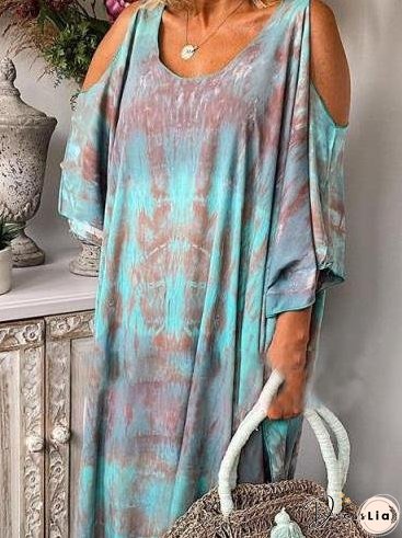 Women's Dresses Loose Tie-Dye Printed Off-The-Shoulder Long Sleeve Dress
