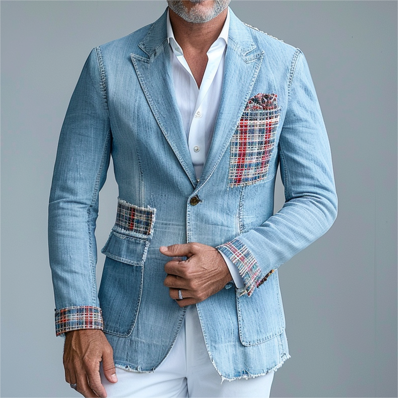 Men's Denim Plaid Patchwork Peaked Lapel Single Breasted Blazer