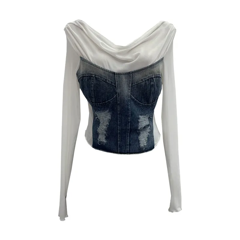Churchf Sexy Collar Long-Sleeved T-Shirt To Make Old Hole Cowboy Splicing Net Bare Back Short Top 2236