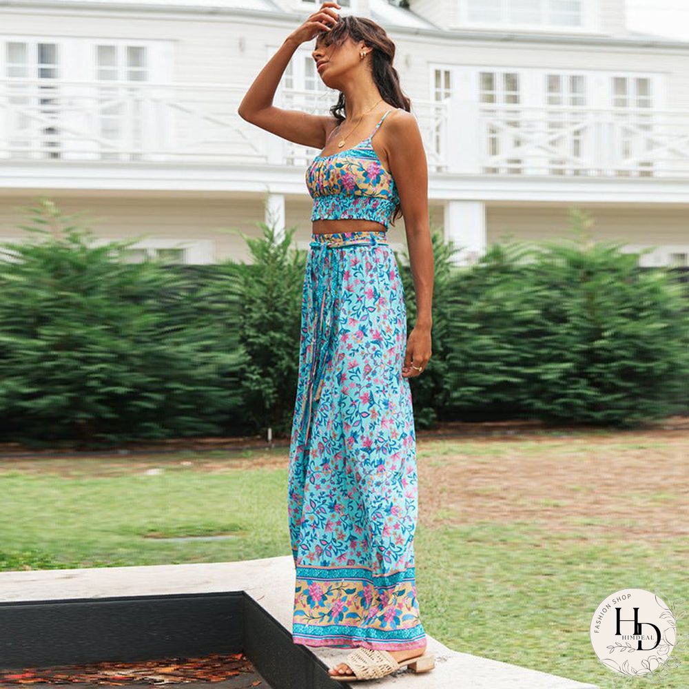 Aqua Floral Crop Top and Pants Matching Sets