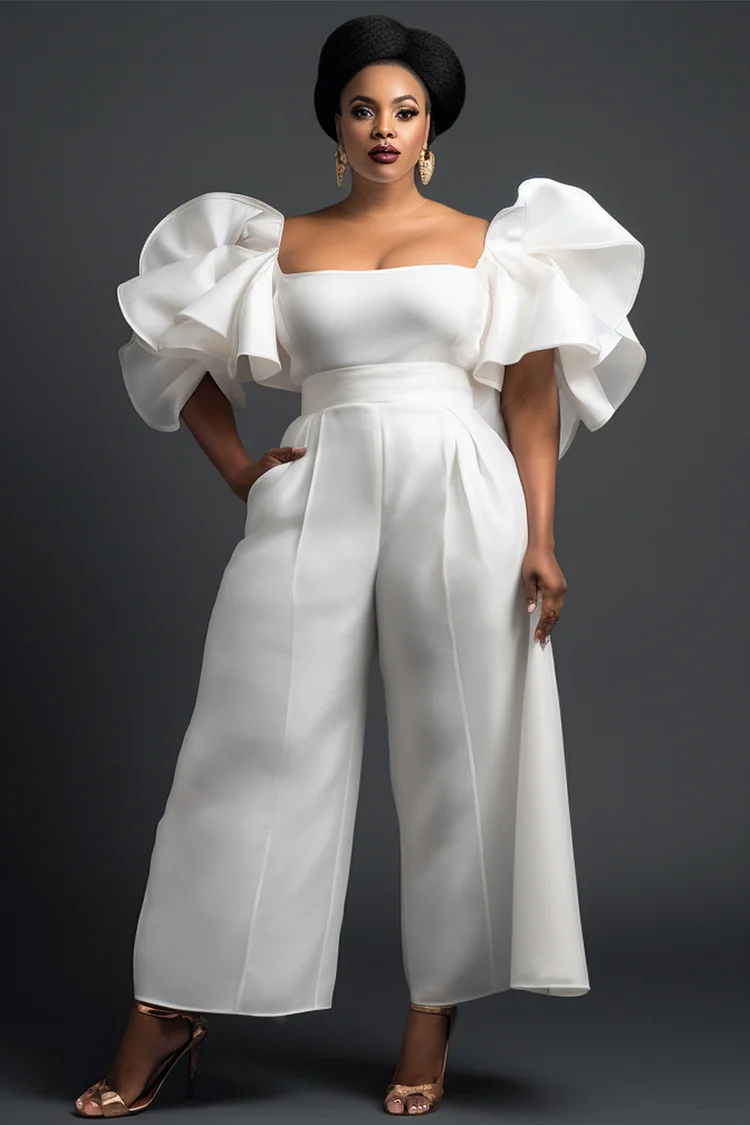 Xpluswear Design Plus Size Formal White Elegant Square Neck Short Sleeve Pocket Organza Jumpsuits [Pre-Order] 2024 - Xpluswear