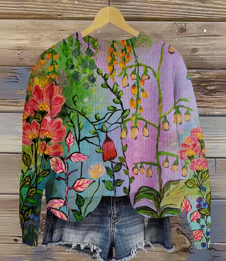 Vintage Lovely Flower Art Print Knit Pullover Sweater