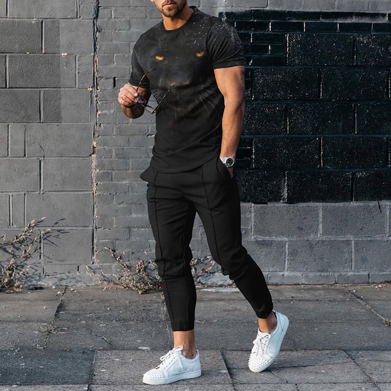 Fashion Men's Panther Short Sleeve T-Shirt And Pants Co-Ord