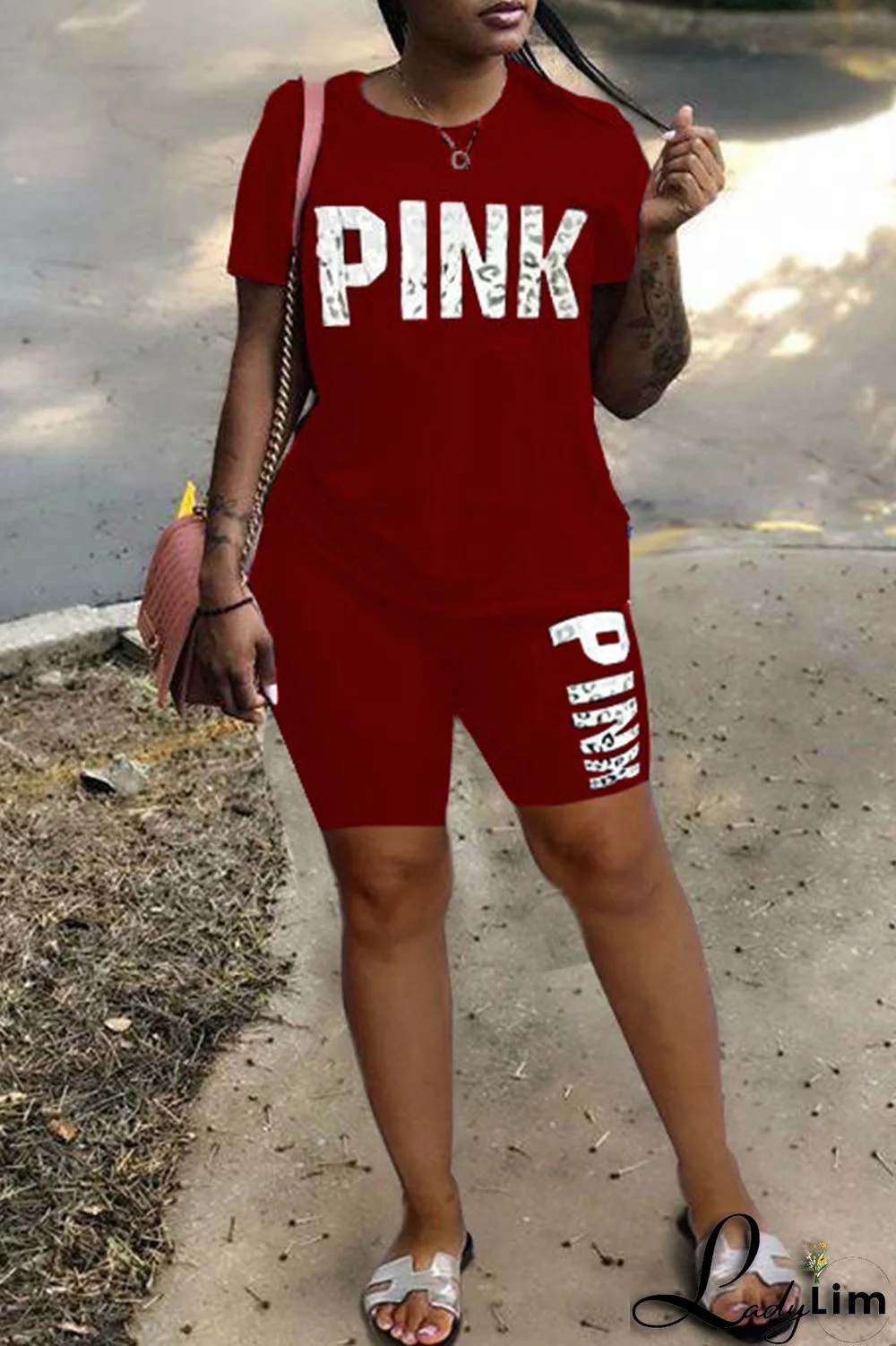 Rose Red Fashion Casual Letter Print Patchwork O Neck Short Sleeve Plus Size Two Pieces