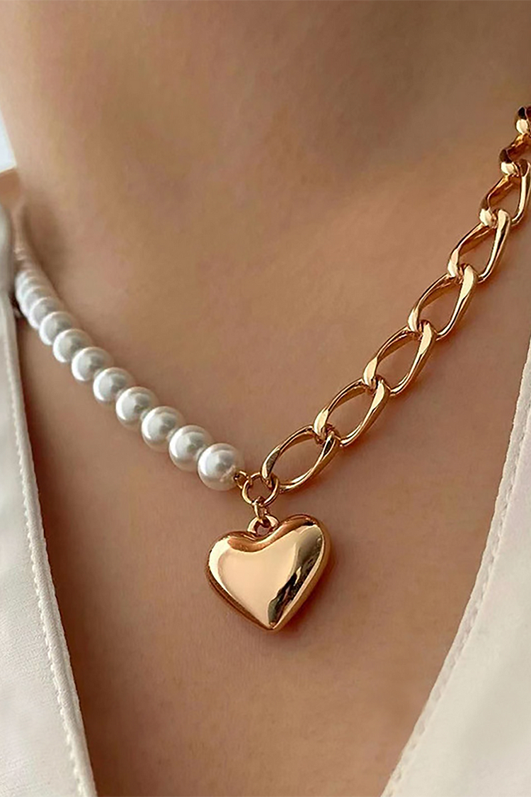 Heart-Shaped Pendant Pearls Patchwork Chain Necklace-Gold