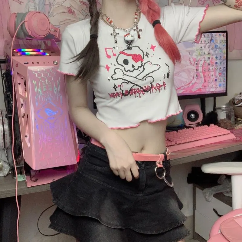 Brownm Brownm Top Female 2024 Summer Hot Girls Ins Harajuku Dark Cartoon Print Round Collar Short Sleeve Crop T-Shirt Fashion