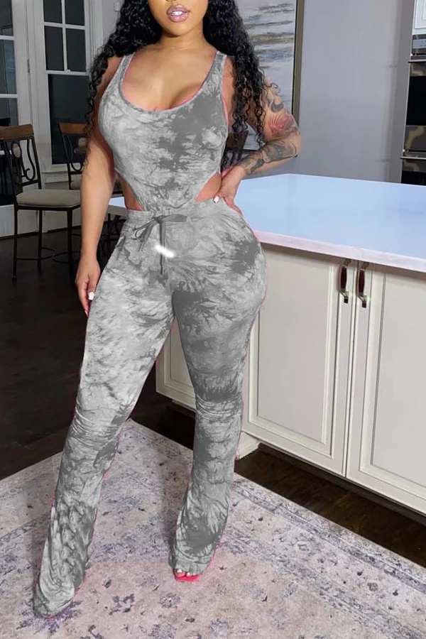 Grey Cotton Blends Casual Print Tie Dye Boot Cut Sleeveless Two Pieces