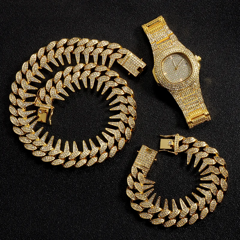 25MM 3pcs Hip Hop Watch+Bracelet+Thorns Cuban Chain Necklace Iced Out Jewelry Set-VESSFUL