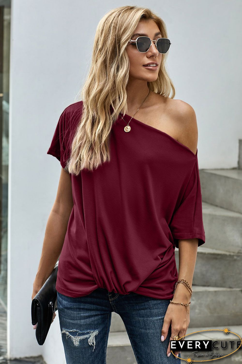 Red Off-The-Shoulder Slash Neck Casual Loose Fitting Top