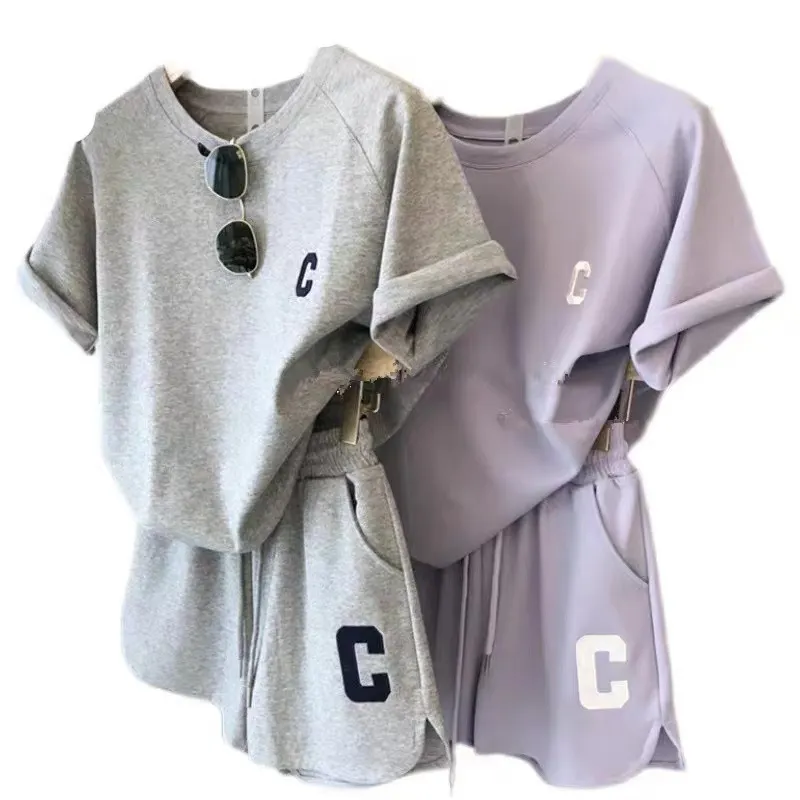 Women's Letter Print Short Sleeve T-Shirt and Drawstring Shorts 2 Piece Set
