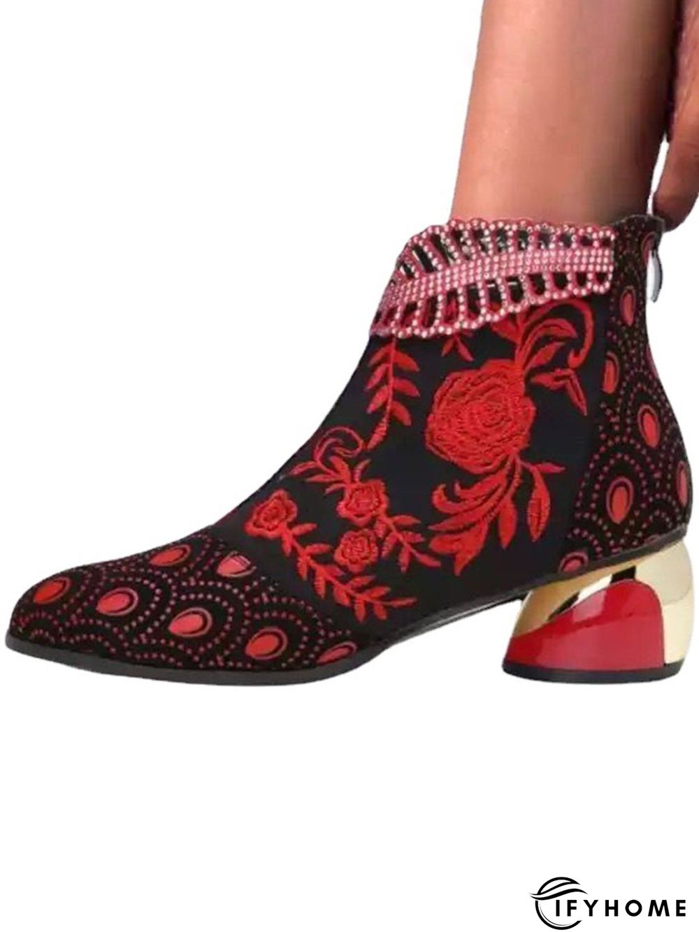 Retro Ethnic Embroidered Rhinestone Chunky Heel Zipper Boots | IFYHOME