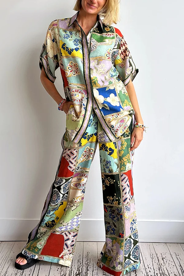 Linen Blend Lapel Short Sleeve Loose Top and Elastic Waist Casual Pocket Wide Leg Pants Set