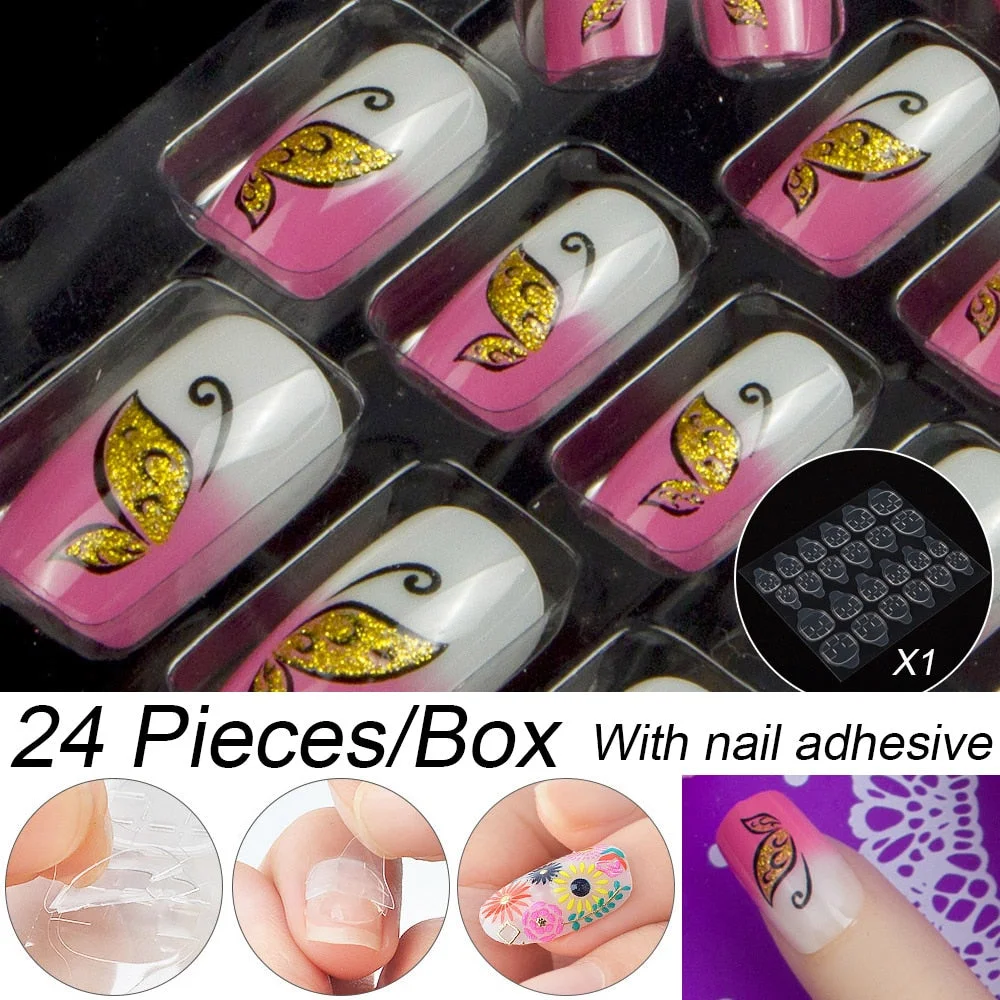 Fashion 24pc/set 10 Sizes Fake Nails Full Cover French False Nail Tips With Double-Sided Nail Adhesive Tab Press On Coffin Nail-Nail Inspo
