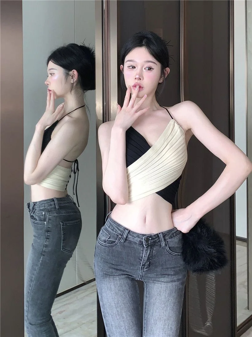 Uveng Uveng Wear Cross-Tieed Neck Knitted Sling Vest Woman New Sweet Hottie Sexy Short Thoracic Top